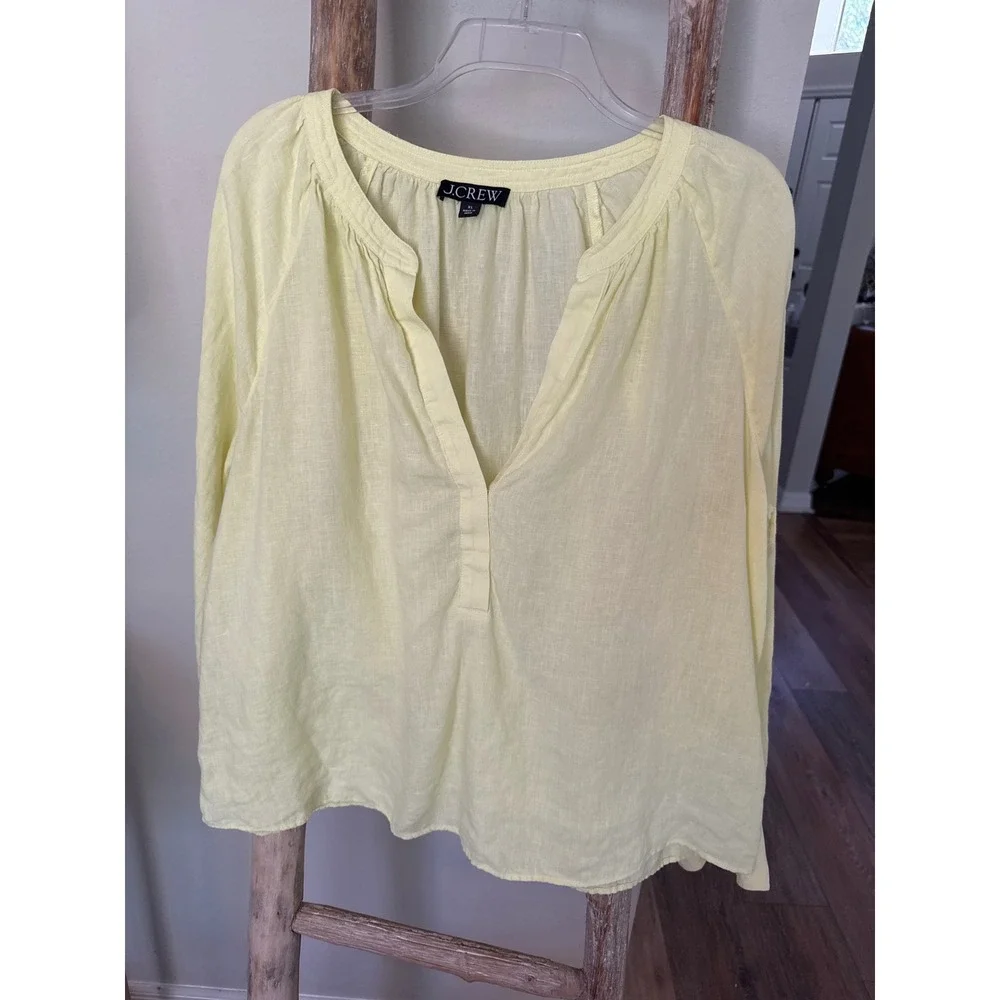 Women'sJ.Crew pale yellow linen-blend v-neck blouse size XL clasic